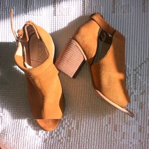 Open toe block heel booties